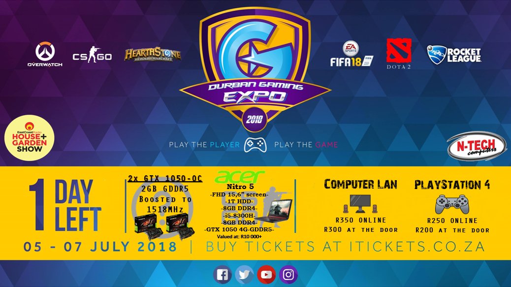 NTechComputers's tweet photo. C U LAN! Come spectate as we see who has the quickest reflexes and best team communication at DGE tomorrow! Tickets at https://t.co/63nRgO2RGq
Get your game on! 
#maxtec #syntech #acer #htc #tvr #vodacom #EastCostRadioHouseAndGardenShow
#icc #rectron #game4u #SPL #Mustek https://t.co/t7wqCWdymk
