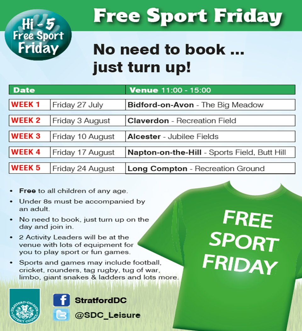 Hi-5 Free Sport Friday- during the summer holidays- various venues across the district- but in Alcester- Friday 10 August 2018- Jubilee Fields