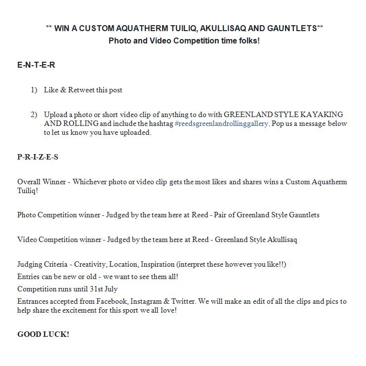 PHOTO &amp; VIDEO COMPETITION - win an Aqutherm Tuiliq, Greenland Style Gauntlets and Akullisaq! Full t&amp;cs in attached image! #reedsgreelandrollinggallery #reedchillcheater #photocompetition #greelandrolling #kayaking