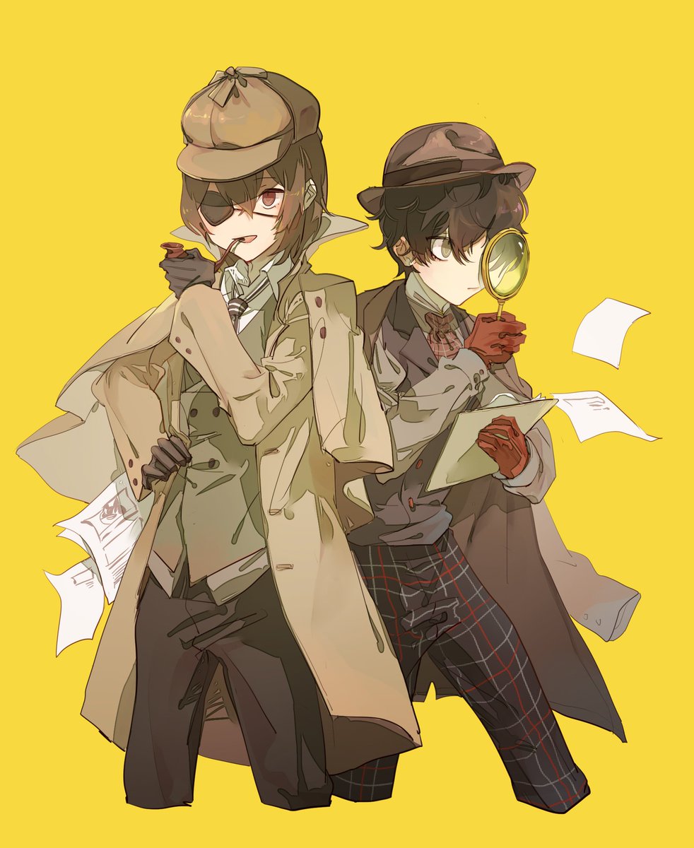 amamiya ren detective hat yellow background magnifying glass gloves plaid pants smoking pipe  illustration images