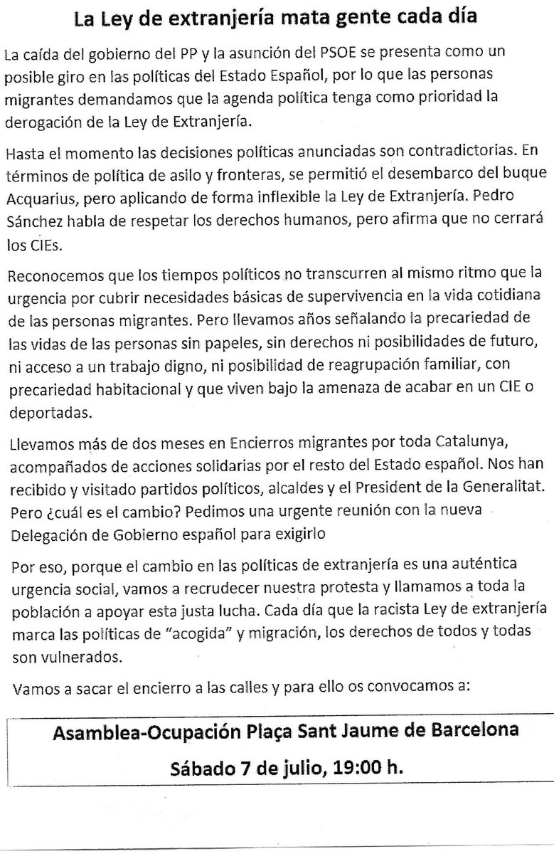 La ley de extranjería mata gente cada día!! #ElRacismeEnsTanca
#TancadaPerDrets
Ens veiem el proper dissabte 7 de juliol a les 19h per omplir Plaça Sant Jaume...