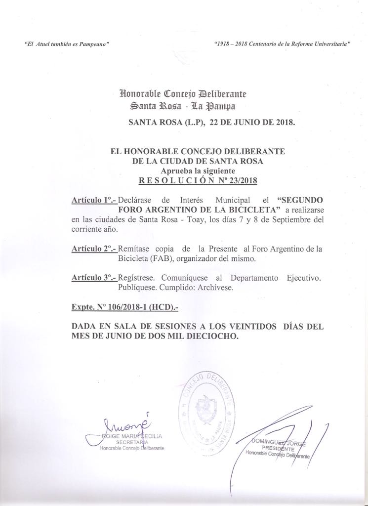 Compartimos la alegría por las resoluciones de la cámara de diputados y el concejo deliberante de Santa Rosa, La Pampa, al declarar el Foro Argentino de la Bicicleta de interés provincial y municipal.
#TransformemosLasCalles #FABLaPampa