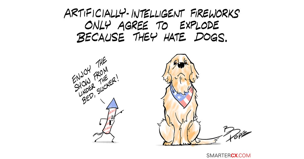 In honor of #July4th, here's "AI Fireworks." Original #tech humor always at SmarterCX.com #SmarterCX #CartoonsBySmarterCX