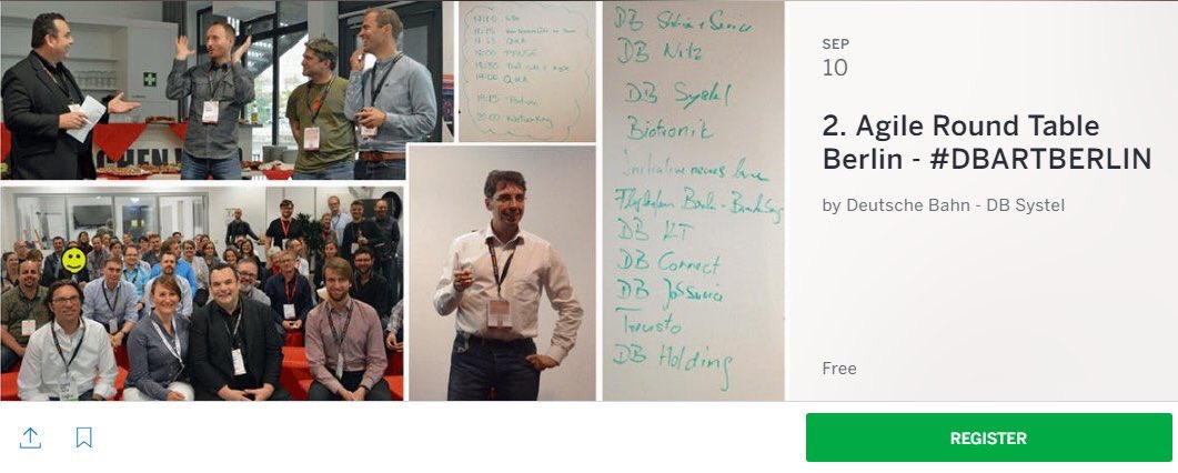 In unserer Community #AgileRoundTable dreht sich alles um Themen wie #Collaboration #Agile #Scrum und #Kanban. Für den 10.09. ist der 2. Agile Round Table in Berlin bei den Kollegen der <a href="/dbmindbox/">DB mindbox</a> geplant. Hier gehts zur Ticket-Warteliste: bit.ly/2KB2vIE #DBART #Berlin
