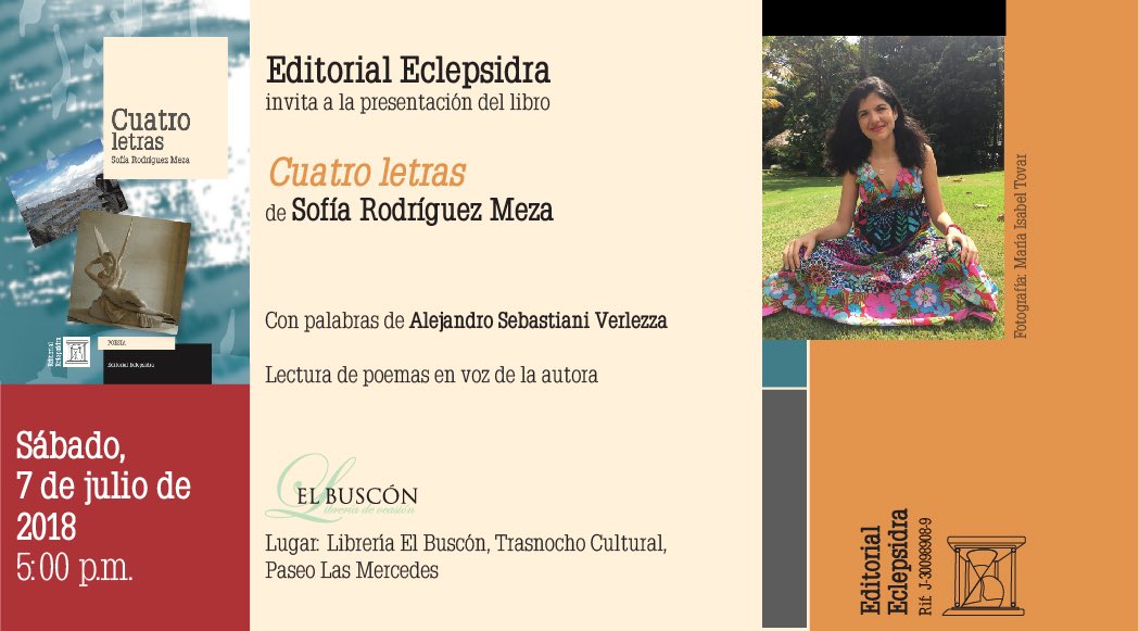 trasnochocult's tweet photo. @editorial_eclepsidra_ presenta Cuatro letras de Sofía Rodríguez Meza con palabras de #AlejandroSebastiani en @elbuscon1S Sábado 7 a las 5pm #sofíarodríguezmeza #poesiavenezolana https://t.co/aHpTxJJzu6