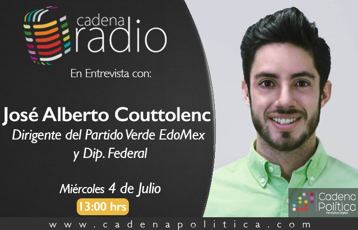cadenapolitica's tweet photo. Hoy en #CadenaNoticias no te pierdas la entrevista con José Alberto Couttolenc @pepecouttolenc, Dirigente del Partido Verde EdoMex  @verdeedomex, a las 13:00hrs por #CadenaRadio
https://t.co/Lz7pTdxHZp https://t.co/iuqZQC44O8