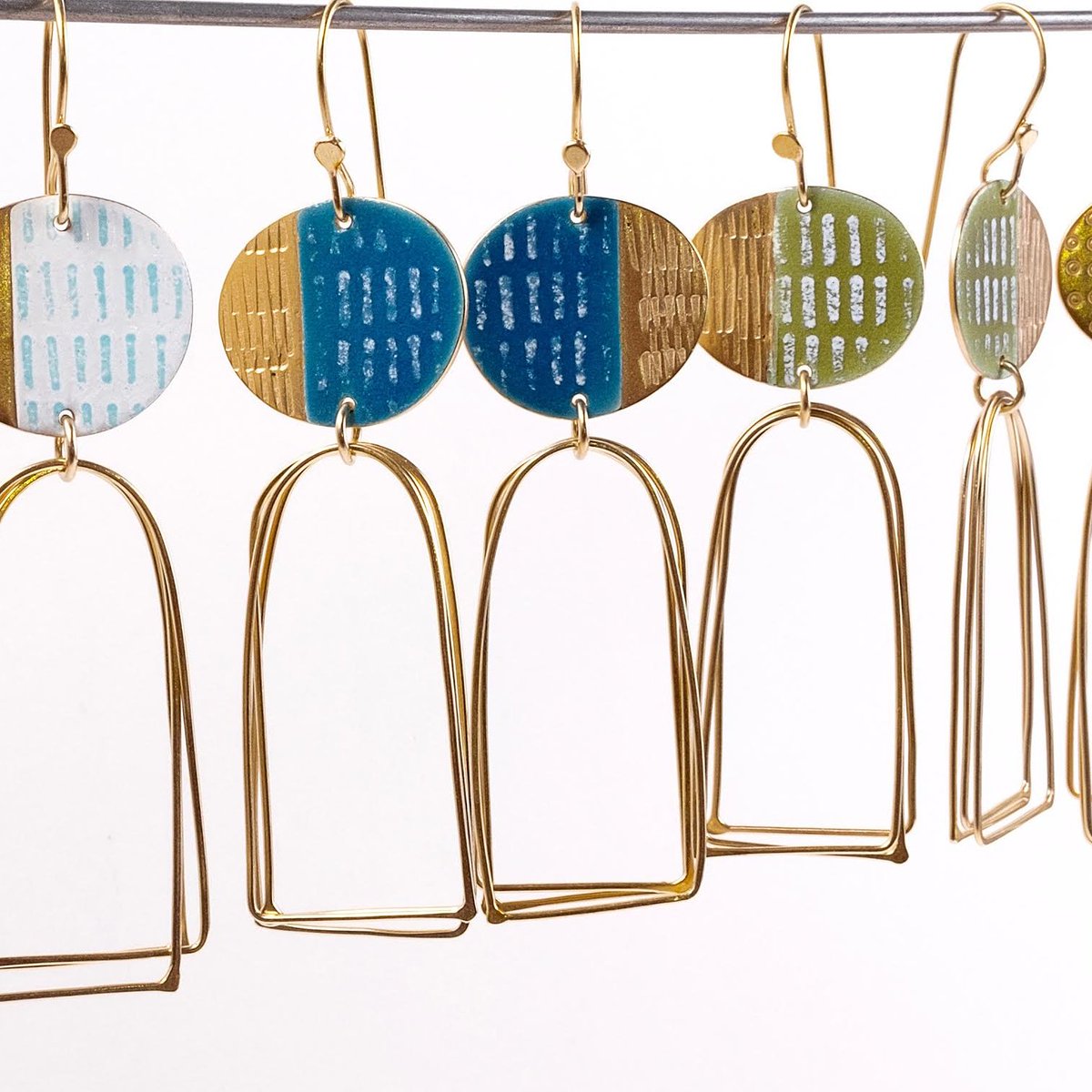 All in a row enamel earrings for Dazzle@Dovecot. Opening 3 August. <a href="/DazzleJewellery/">Dazzle Exhibitions</a> <a href="/DovecotStudios/">Dovecot</a> #edfringe <a href="/caroline_finlay/">Caroline Finlay</a> #EdArtFest