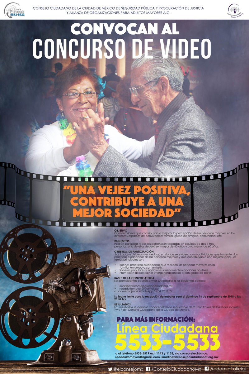 elconsejomx's tweet photo. 🔵 Te invitamos a participar en el 3er concurso de video en el marco del Día Internacional de las #PersonasMayores “Una vejez Positiva Contribuye a una Mejor Sociedad” 👉🏼 #EnvejecimientoActivo ¡Participen y compartan! https://t.co/CI3T51pu4v