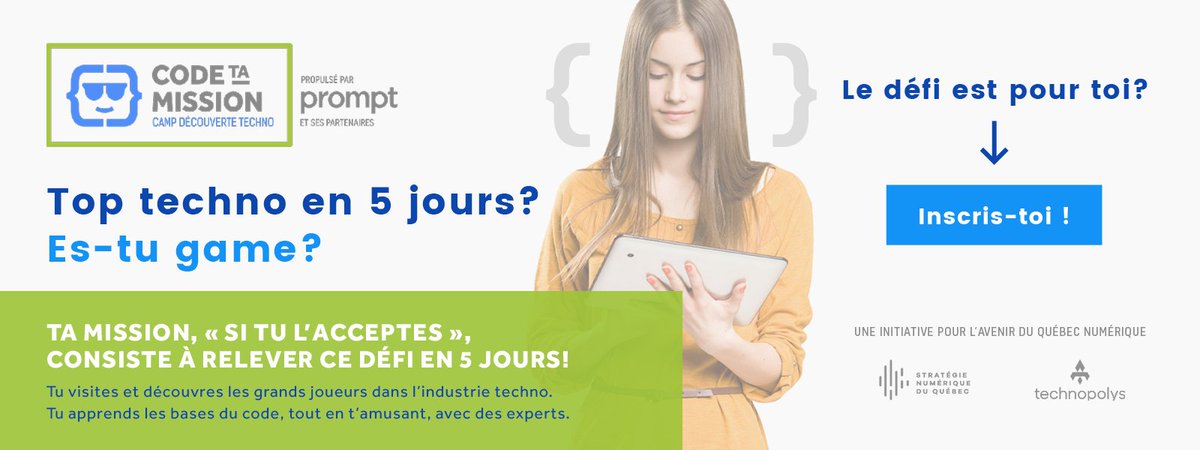 Prompt_Innov's tweet photo. En 5 jours: tu crées un véhicule intelligent + apprends les bases du #Coding + visites les leaders #technos + accomplis 1 mission! Inscription à #Montreal ! https://t.co/LZelVIZhS4 Avec @universitelaval @hackinghealthca @DesjardinsLab @EXFO #StartNumQc @McGillEngInE #camptechno https://t.co/lKmCPconnw