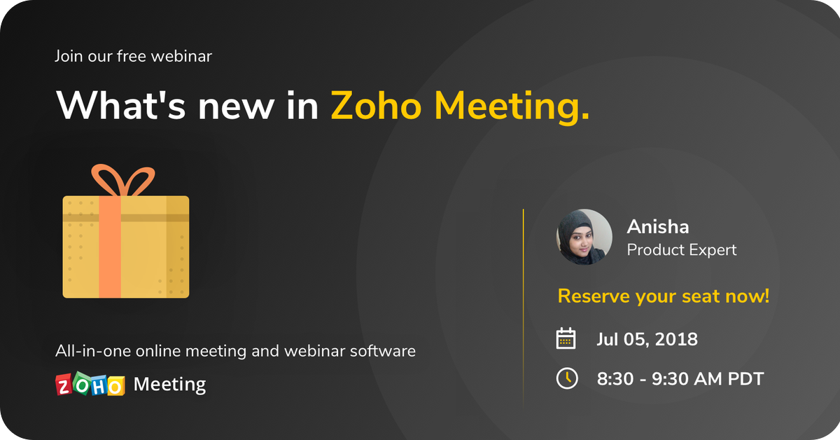 Zoho's tweet photo. Join our free webinar to check out the latest updates in #ZohoMeeting. #WebinarTool: registration customization, new registration page, recording enhancements. #OnlineMeeting: moderator controls, meeting lock, participant removal, and more. Register now: https://t.co/4qfeAms2eC https://t.co/eCdqHzARRd