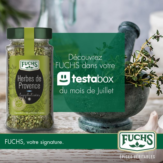 TestaboxFR's tweet image. En juillet, c'est la Testabox spéciale Barbecue ! Vous y découvrirez les Herbes de Provence de FUCHS Épices Véritables, le produit phare de cet été.