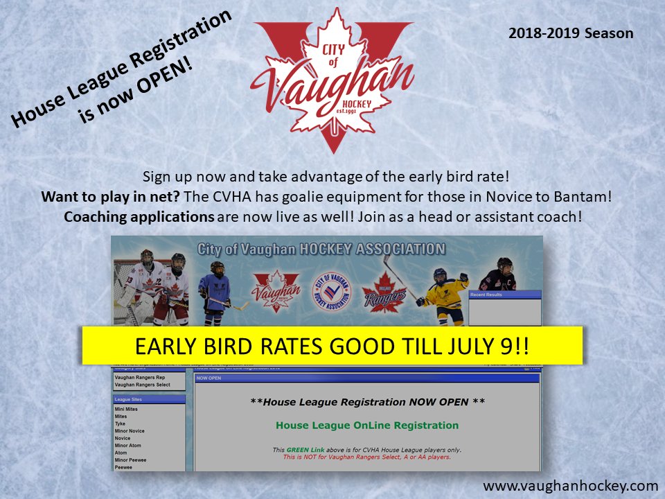VaughanHockey's tweet photo. Don't miss out on the 2018-2019 CVHA season which promises to be a great one!  Our early bird rate disappears on July 10 so make sure to register before then to take advantage of it! #CVHA #earlybird #vaughanhockey https://t.co/GEM0uT6Cme