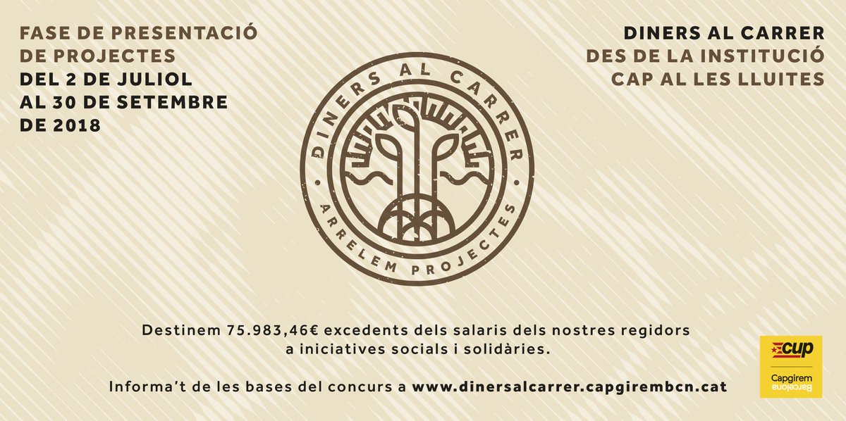 Posem en marxa #DinersAlCarrer. 75.000€ dels salaris desorbitats de l'Ajuntment per a iniciatives de transformació i empoderament

Presenta el teu projecte fins el 10 de setembre!

#viladegràcia #alegregrassot #elcoll #lasalut #vallcarca