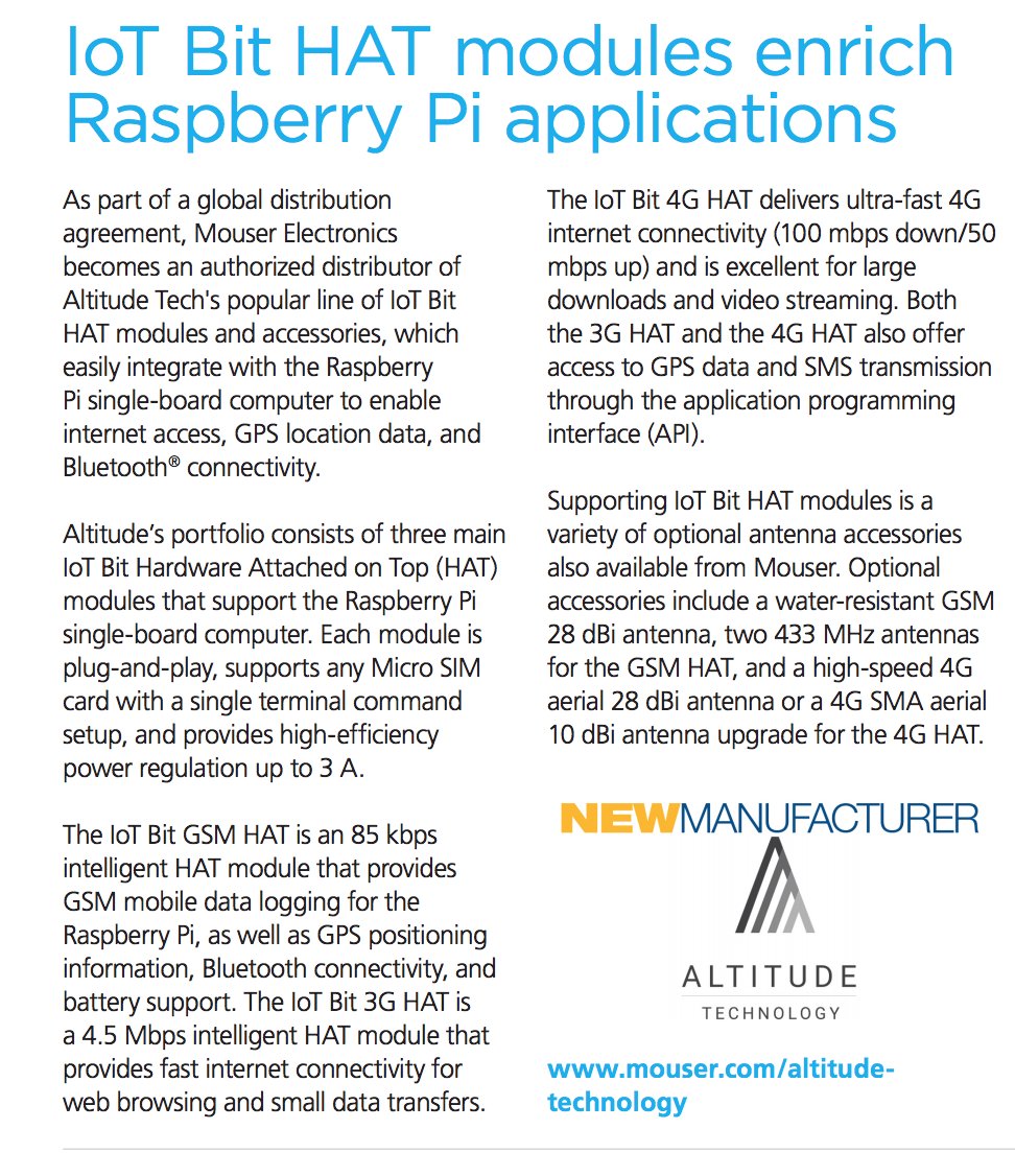 AltitudeTech's tweet image. Attention, @MouserElec is our new official distributor.. Use their super fast delivery to keep your #projects on time. Heres what they wrote about us in their #Electronics #Information Update #Digital Magazine, Sign up on @AppStore or @GooglePlay stores. @iot_bit @_Sensly #tech