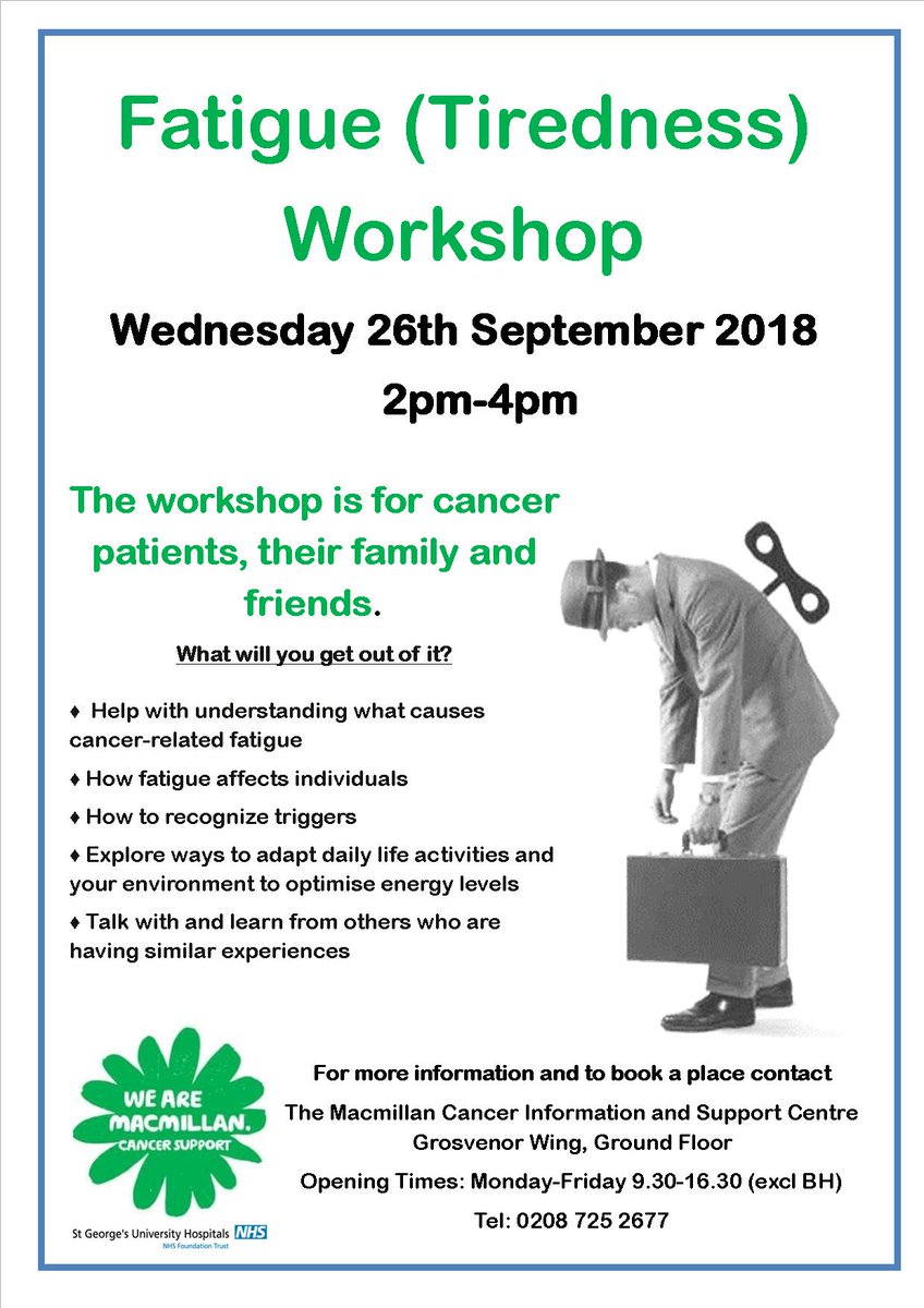 MacmillanSTG's tweet photo. Are you suffering from #Fatigue as a result of #cancer treatment? Join us for our next workshop for tips & advice from our guest speakers: @StGeorgesTrust #OccupationTherapist #CatherineSmith , #Macmillan #dietitian #TanyaPendleton & @movemorewands #BethBrown https://t.co/qKZALy7srk