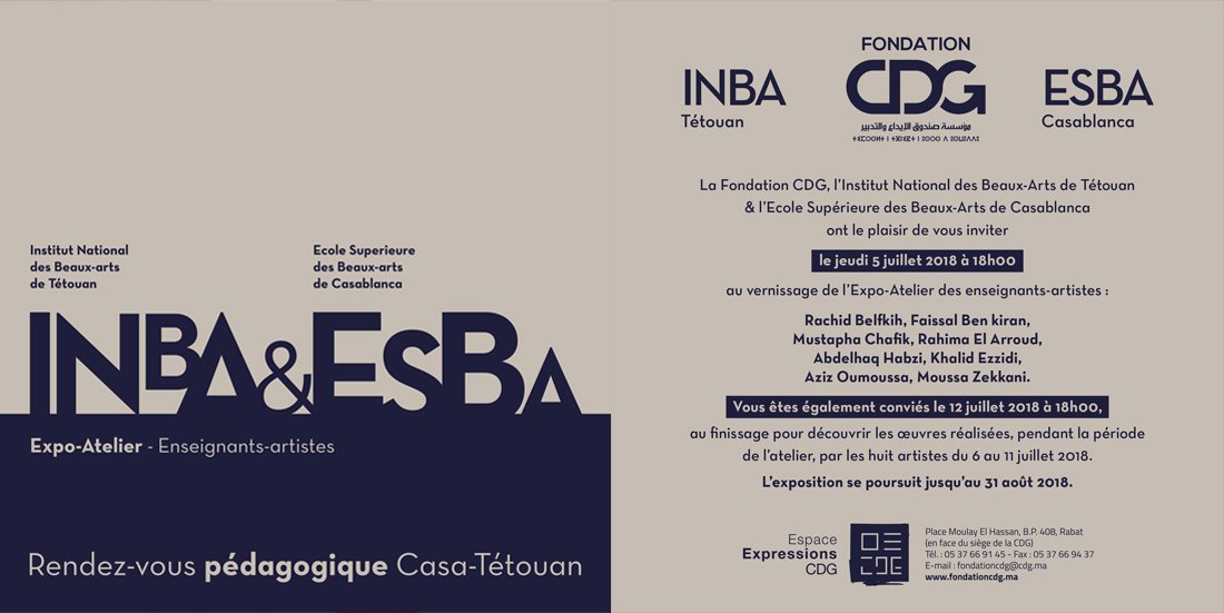 <a href="/FondationCDG/">Fondation CDG (FCDG)</a> INBA&amp;ESBA/Expo-Atelier : Enseignants-artistes
Le Rendez-vous pédagogique Casa-Tétouan
Vernissage jeudi 5 juillet à partir de 18h à l'Espace Expressions CDG.
fondationcdg.ma/expo-atelier-e…