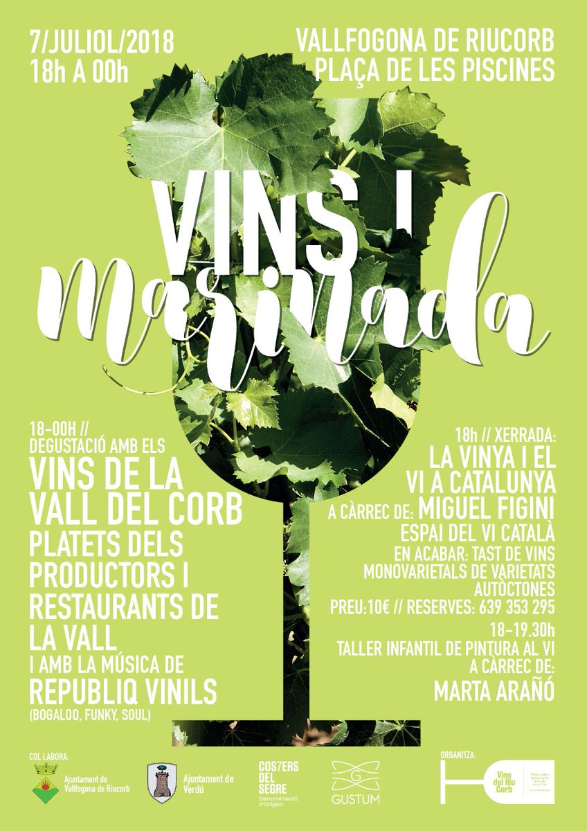Amb la calor arriba també el #VinsiMarinada!                                DIS 7 J | 18h | Vallfogona de Riucorb
🍷 vins a copes | 🍽 gastronomia local | 🗣 xerrada i tast de <a href="/FiginiMiguel/">miguel figini</a> | 🎶 vinils amb @republiqbeer | 🖌 taller de pintura amb vi pels infants