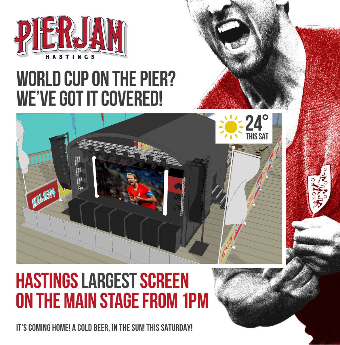 ** SCREENING ANNOUNCEMENT **

We have just confirmed the LARGEST outdoor screen in Hastings to show ENGLAND vs SWEDEN at our PierJam show on Saturday.

To accommodate the England kick off time, PierJam now opens at 1PM. Make sure you get down early!

It’s coming home!