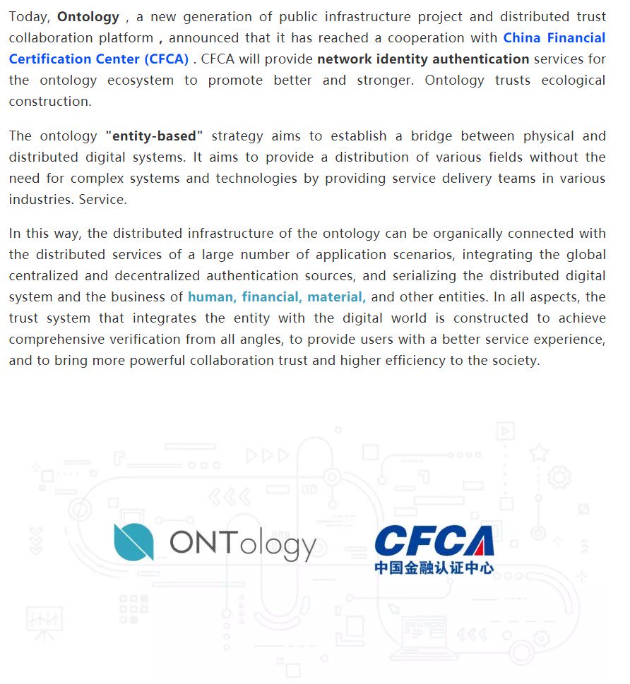 RnCrypt's tweet photo. "Ontology announced a cooperation with the CFCA (China Financial Certification Authority)." CFCA (https://t.co/6ywIBBZgjB) will provide financial and government related identity authentication services (trust anchor). https://t.co/1dF4c6PbLv @Ontology_news #Ontology https://t.co/evqUmaLBgo