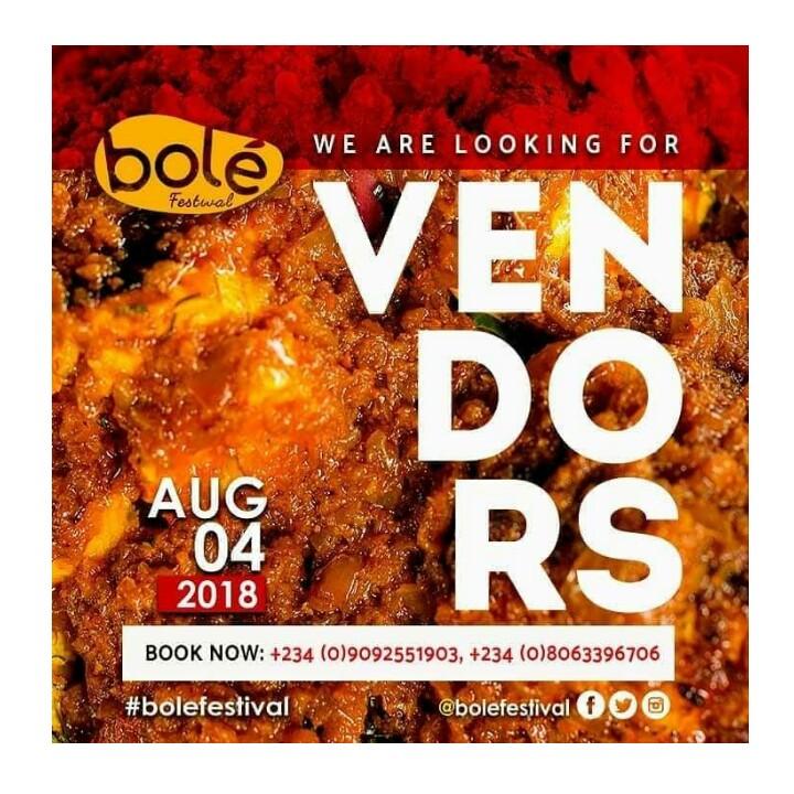 B O L E   F E S T I V A L   2018

GET READY!!! 

Follow @bolefestival for more info. 

#BoleFestival #BoleFestival18 #BoleFest #BoleFest18 #PortHarcourtToTheWorld #TheReunion #August #Summer #Festival #GoodVibes #PortHarcourt #OnlyInPortHarcourt #Vendors