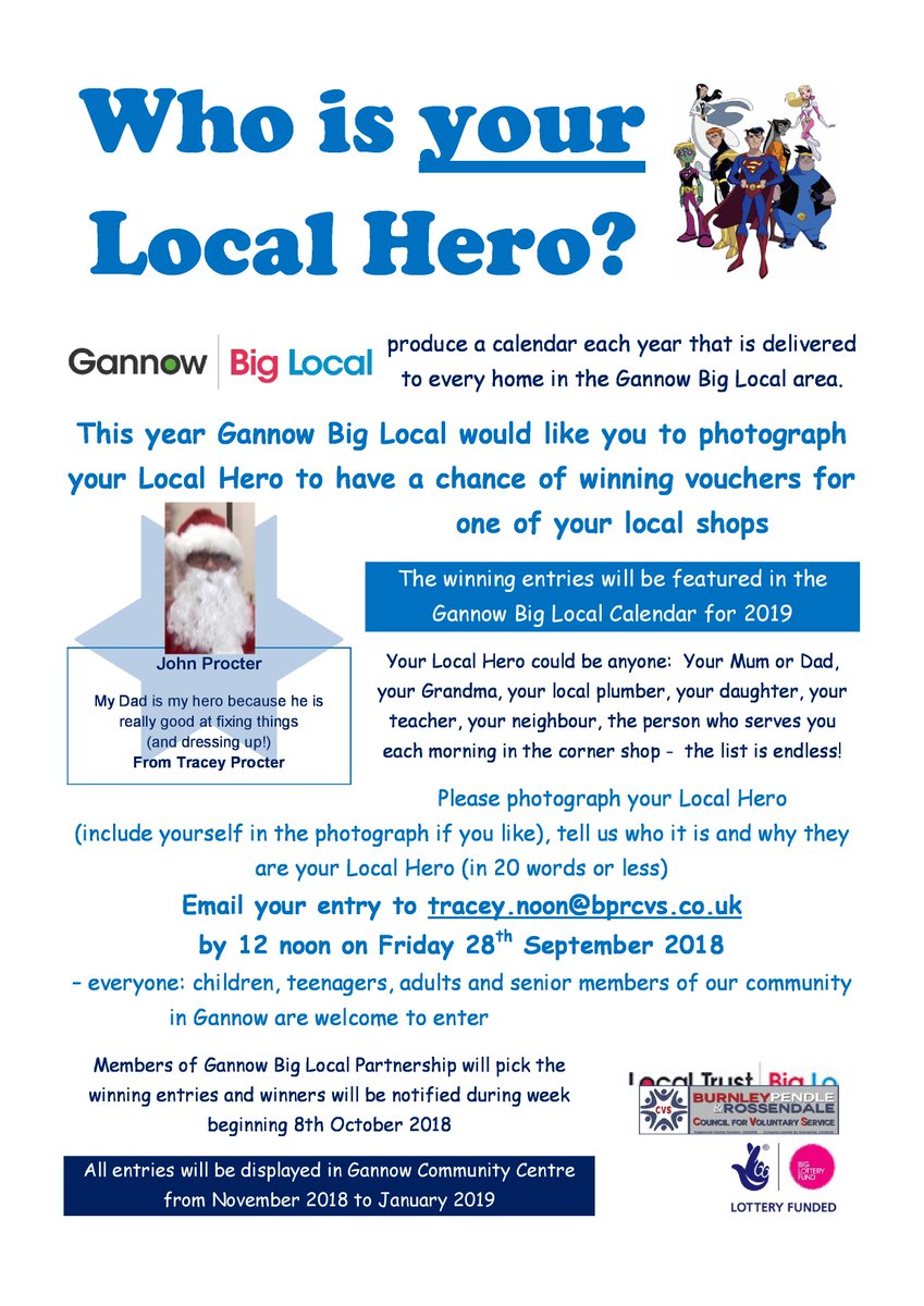 <a href="/biglocalgannow/">Big Local Gannow</a>  produce a calendar each year &amp; this time we're asking for photos of your local hero

It could be your parents, neighbour or shop worker

More info: bprcvs.co.uk/index.php/news…