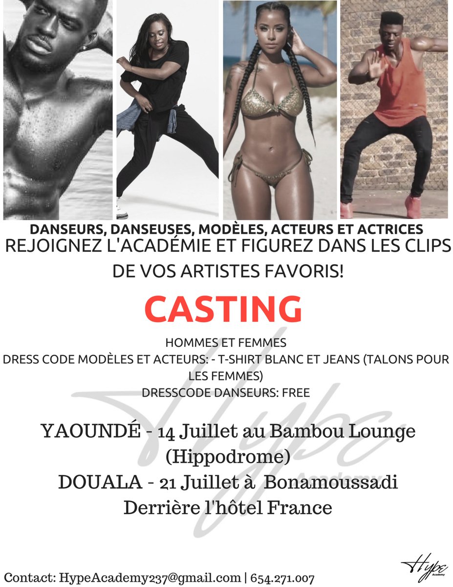 HypeAcademy237's tweet photo. Vous rêvez de figurer dans des clips et publicités ? C'est le moment de faire de vos rêves une réalité: Participez aux castings de #HYPEACADEMY237 et rejoignez le roaster de talent représentés par l'agence. Danseurs, modèles, acteurs: c'est votre moment ! https://t.co/tEeDD0V2vx