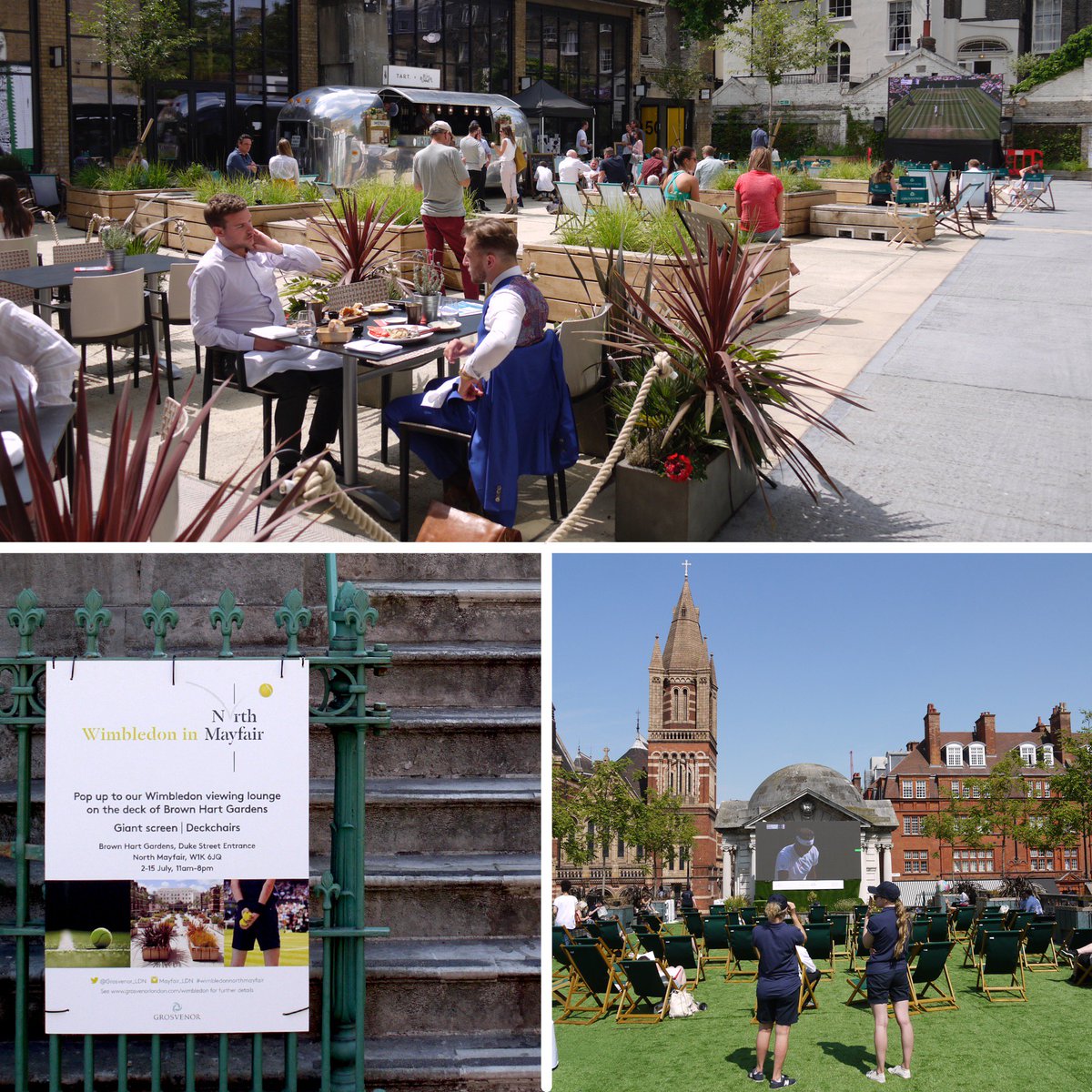LTDdesigncon's tweet photo. #Wimbledon is being shown on big screens and is free to watch while you soak up the sun! @Grosvenor_LDN have deckchairs and seating in the open air at #EcclestonYards and #BrownHartGardens. https://t.co/d8IzFcib65