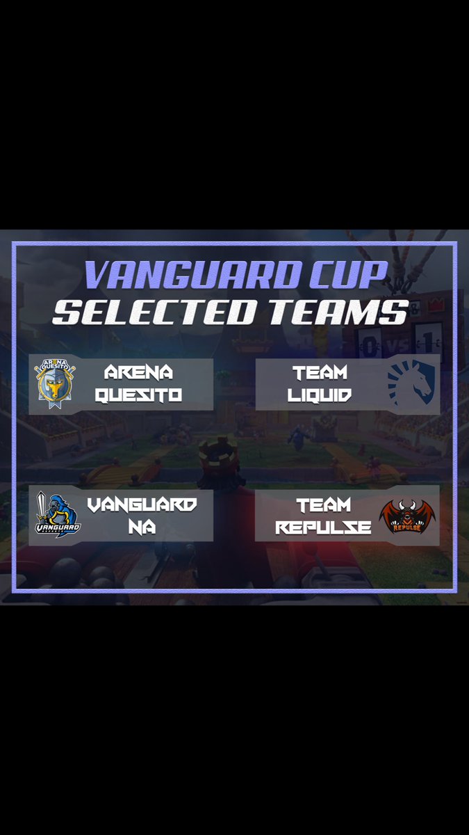 Vanguard Cup is happy to announce the first four teams participating in the Vanguard Cup Regular Season:
<a href="/ArenaQuesitoGG/">Arena Quesito</a> 
<a href="/TeamLiquid/">Team Liquid</a> 
<a href="/Team_repulse_/">Team Repulse</a> 
<a href="/VGTeamgg/">Follow @VanguardGaming</a>