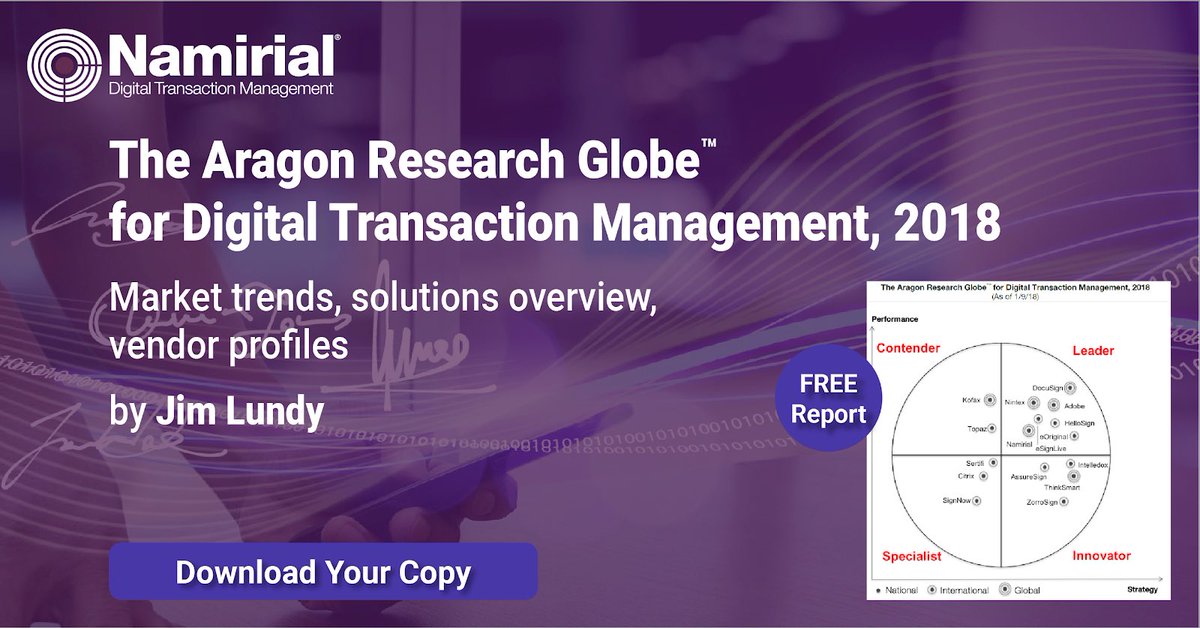 #DigitalTransformation insights in <a href="/AragonResearch1/">Aragon Research</a> Globe for Digital Transaction Management 2018: <a href="/JimLundy/">Jim Lundy</a> on market trends, providing solutions overview, profiling and ranking 16 vendors. Download your free copy now goo.gl/jssHmA