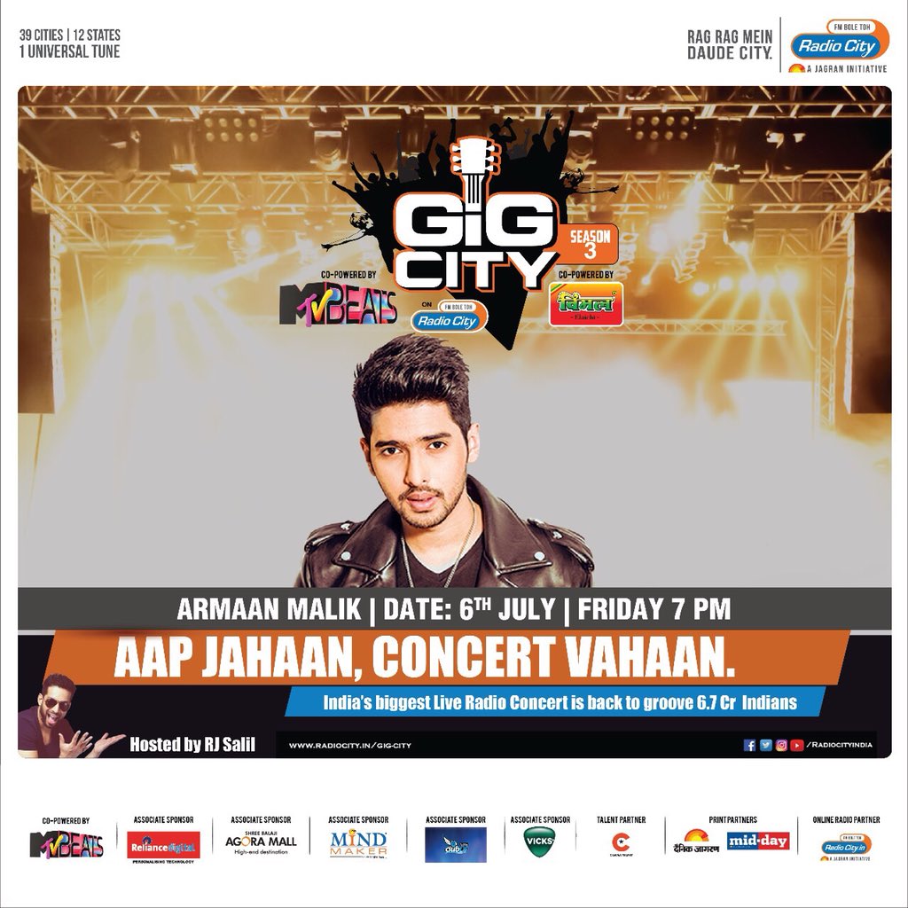 ArmaanMalik22's tweet photo. Remember to tune in to @radiocityindia this Friday to catch my live performance on #GigCity3! 🎵💯

#ArmaanMalikLive On Radio! 📻 https://t.co/JrnrL9ZJ9r
