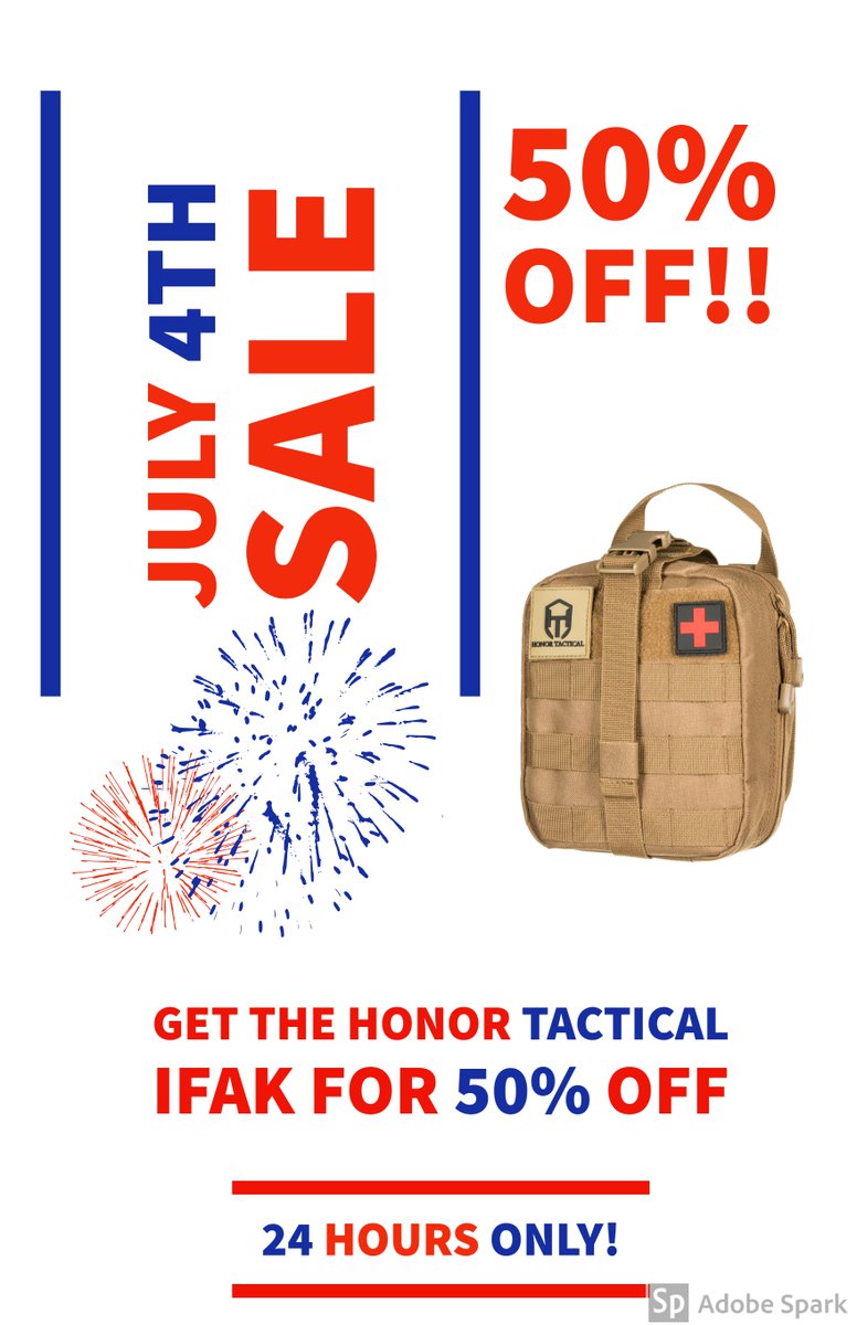 HonorTactical's tweet photo. 50% OFF Happening now! 4th of July Sale ends tonight.
Go get an @HonorTactical  IFAK and show that support!

Link to deal: https://t.co/nGW8XGvOAf
Price displayed is Sale price. Normally $16.99

#like #RT #America #Birthday #Independenceday #HonorTactical https://t.co/suaeiNAyaa