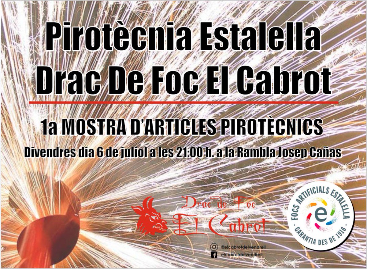 Diables! Aquest divendres dia 6 de juliol estarem fent una demostració de pirotècnia amb el Drac de Foc El Cabrot del Vendrell! 
Hi esteu tots convidats, només cal que ens confirmeu la vostra assistència!
Us esperem a les 21h a la Rambla de Josep Cañas del Vendrell!! 
😈💥🔥🎆👹