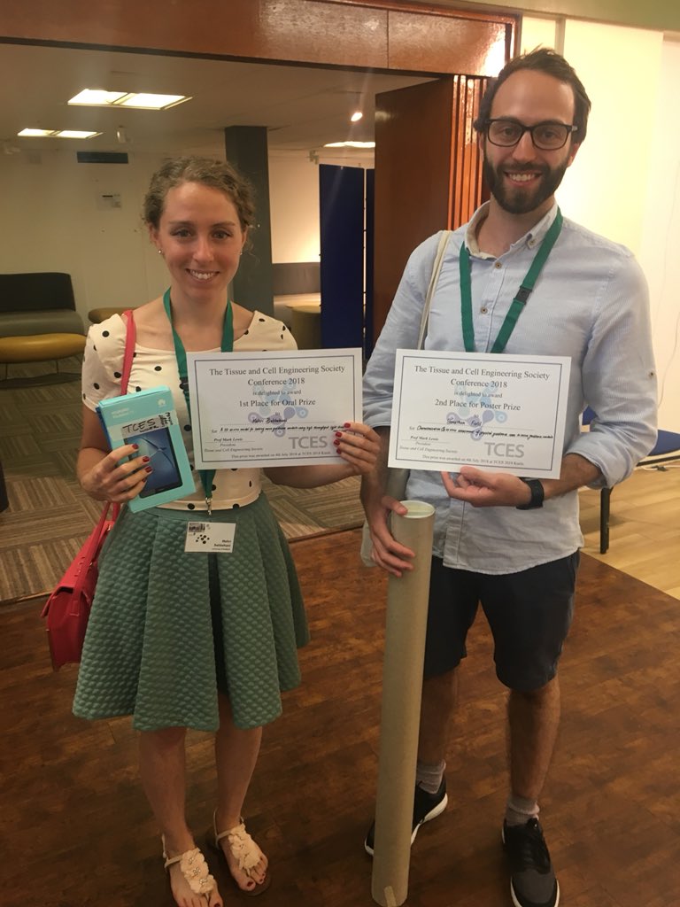 Dr_C_S_Taylor's tweet photo. Could not be prouder of two of my friends winning prizes at #TCES2018 😀Congratulatons to Mehri for winning 1st prize in the oral presentation and image competition, and Jonathon for runner up prize for the poster presentations! A great day for @Shefbiomat @msesheffield https://t.co/JpXI1S1Hxh
