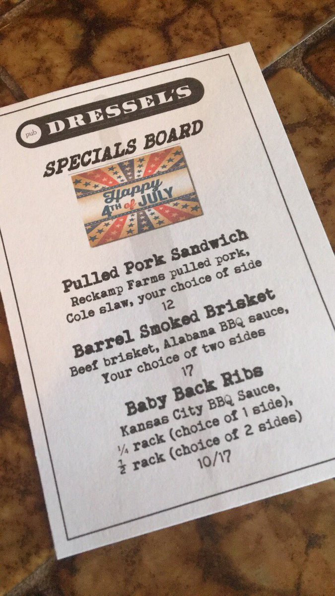 Join us for your regular pub favorites plus some amazing BBQ specials!  Holiday hours: noon-9pm