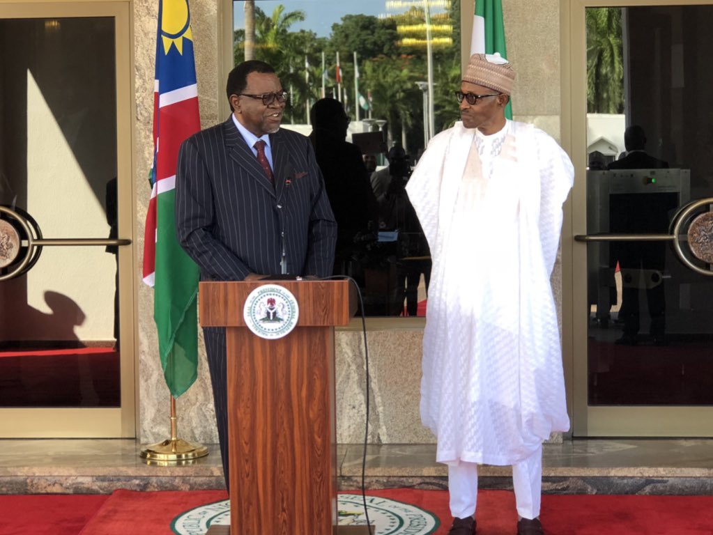 NigeriaGov's tweet photo. This afternoon at the State House, Abuja, President @MBuhari received President of the Republic of Namibia, H.E. Hage Gottfried Geingob. 🇳🇬 🇳🇦 
#AsoVillaToday https://t.co/hAy0yeAO2j