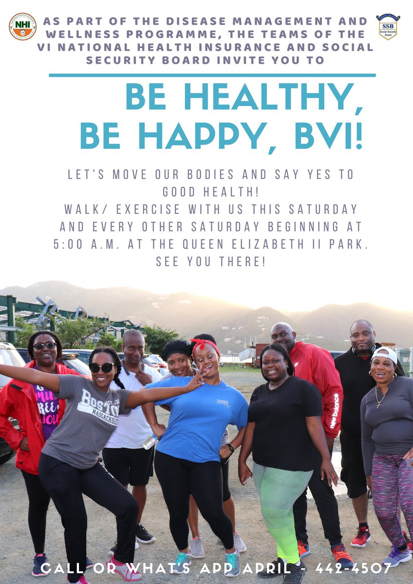 BVINHI's tweet photo. It's #WellnessWednesday! Join #NHIBVI this Saturday at 5:00 a.m. at the Queen Elizabeth II Park. Plug it in your calendar today, your body will thank you on Saturday! #BeHealthyBeHappyBVI https://t.co/vbsaNpyE47