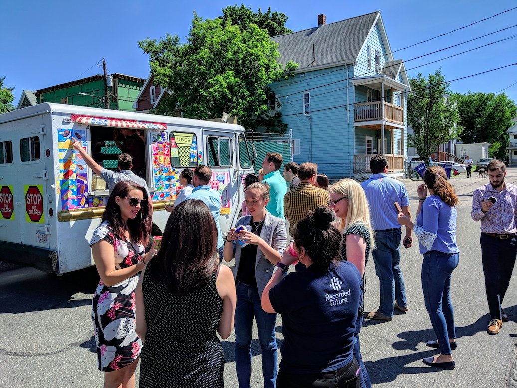 RecordedFuture's tweet photo. What should you do if the office AC is in need of repair? Order an ice cream truck to the parking lot, of course. #BostonOffice #IceCream #Summer https://t.co/Z88xwCLD5q