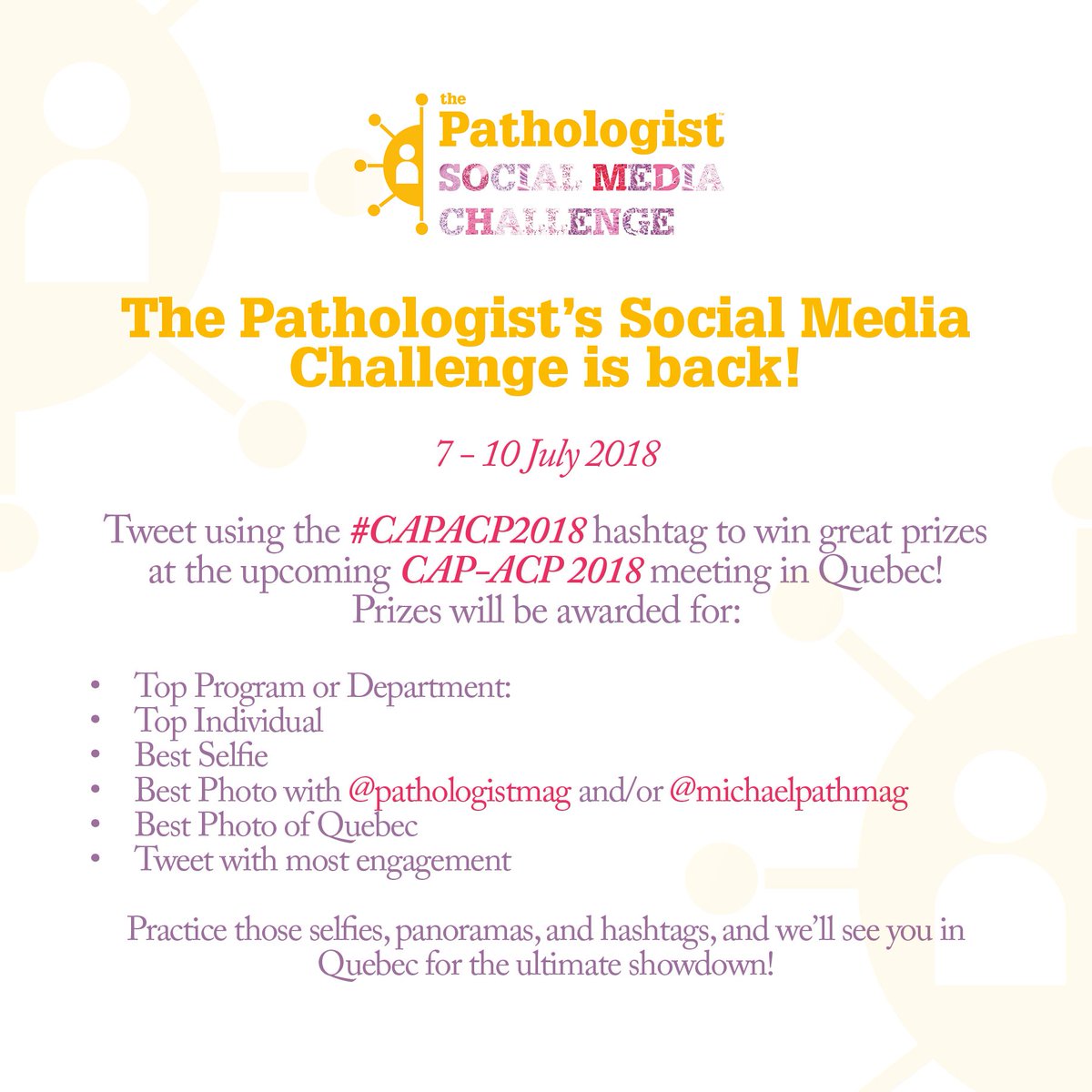 pathologistmag's tweet photo. Remember, you can bring home the glory at this year’s #CAPACAP2018 meeting in Quebec! Tweet using #CAPACP2018 to win great prizes at @CAPACP 2018. https://t.co/trXQMJKWDs