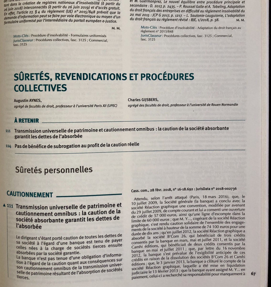 Nouvelle livraison de la chronique : Sûretés, revendications et procédures collectives (Revue des procédures collectives, mai-juin 2018, p. 67 et s.)