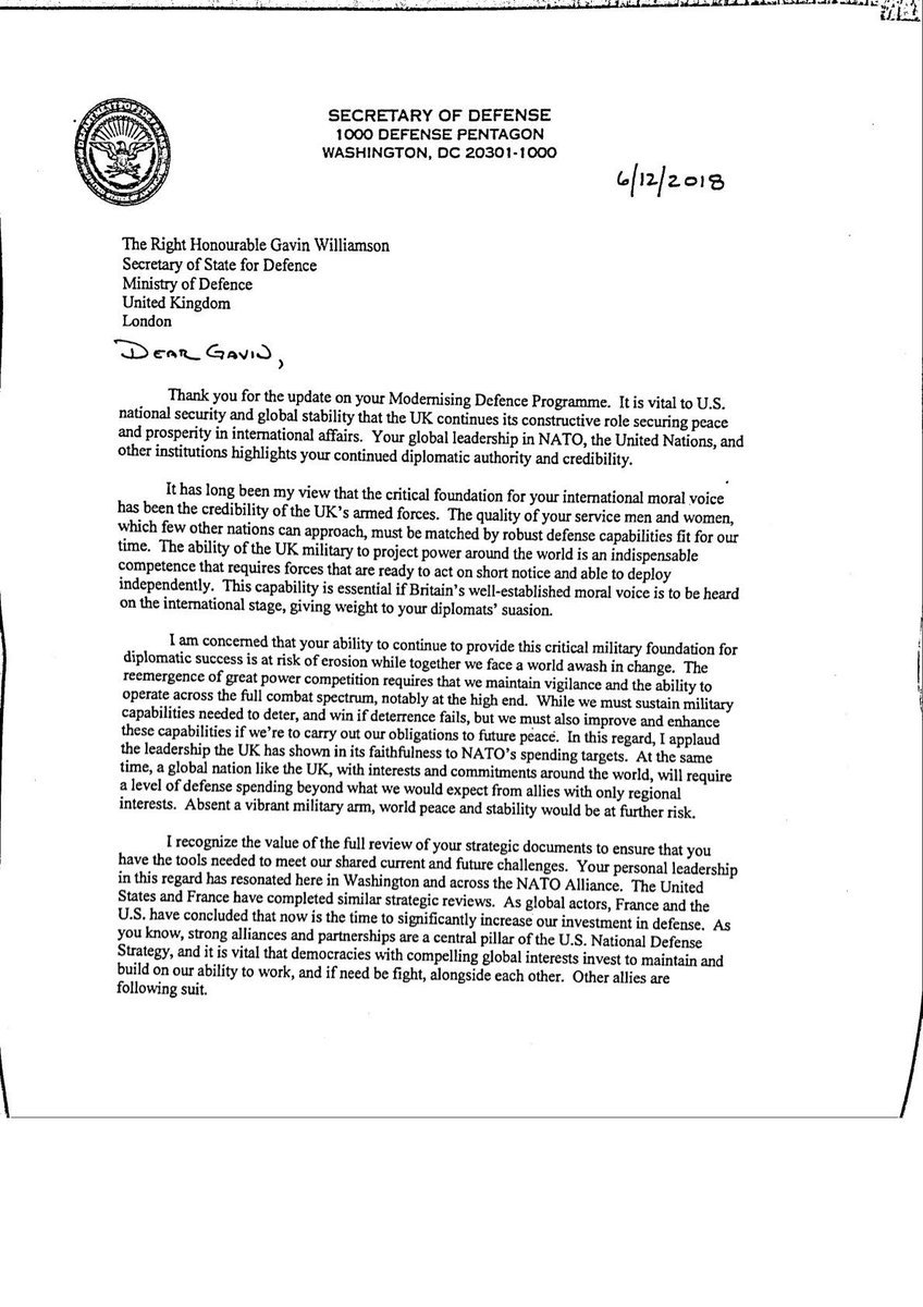 NATOSource's tweet photo. Full text of #SecDef #Mattis letter to British Defense Minister. #NATO #NATOSummit #Trump #TrumpLetters https://t.co/a7WWHtkmpU From @idreesali114 https://t.co/F0UnWIrxui