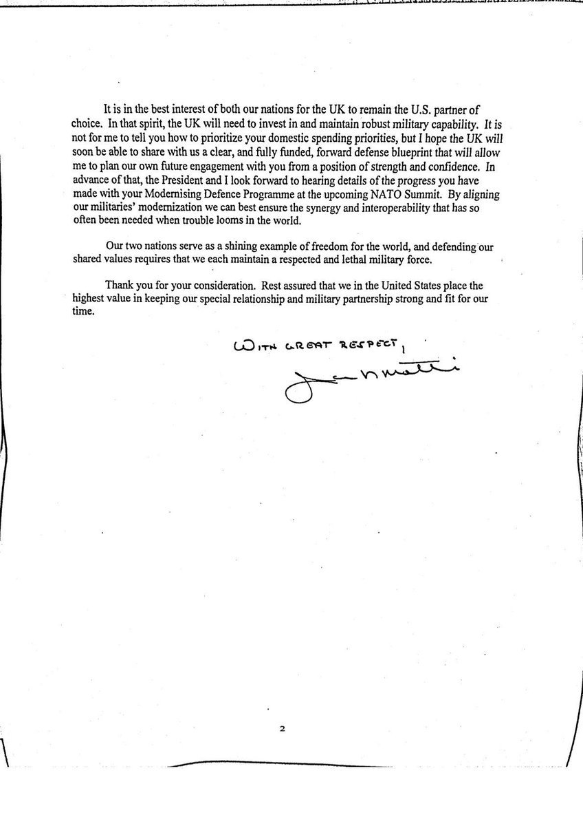 NATOSource's tweet photo. Full text of #SecDef #Mattis letter to British Defense Minister. #NATO #NATOSummit #Trump #TrumpLetters https://t.co/a7WWHtkmpU From @idreesali114 https://t.co/F0UnWIrxui