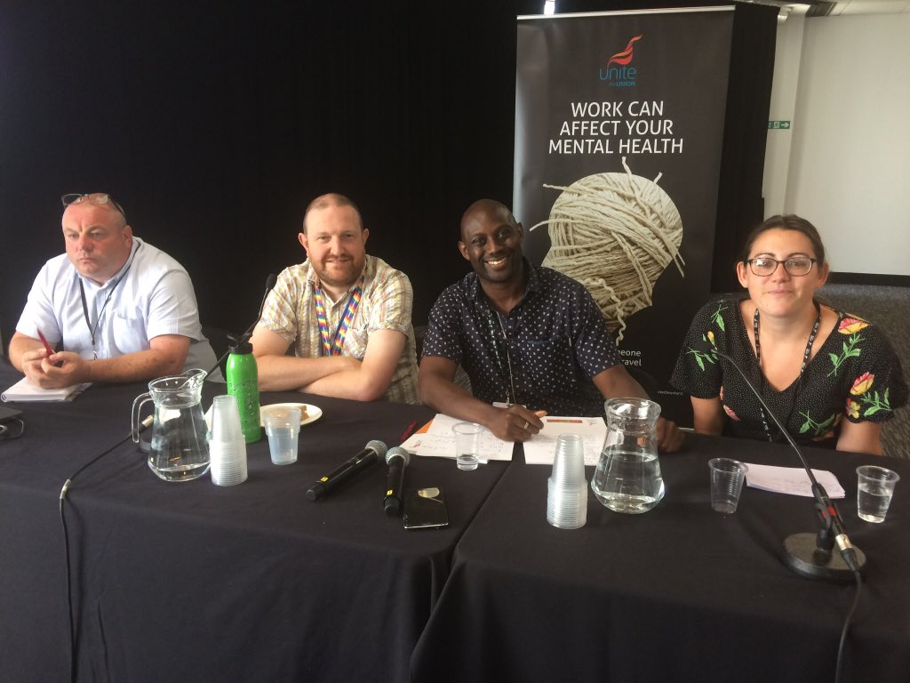 only1colenzojt's tweet image. We had a marvellous #mentalhealth fringe meeting @unitetheunion #UPC2018 with @HollieCPN Andrew Kettlety, Paul Mooney &amp;amp; @_NatashaDevon with cameos from Jim Mowatt @davidamunday thanks to all those that came and helped to organise it. #psychologistsmatter @MHnursingFuture