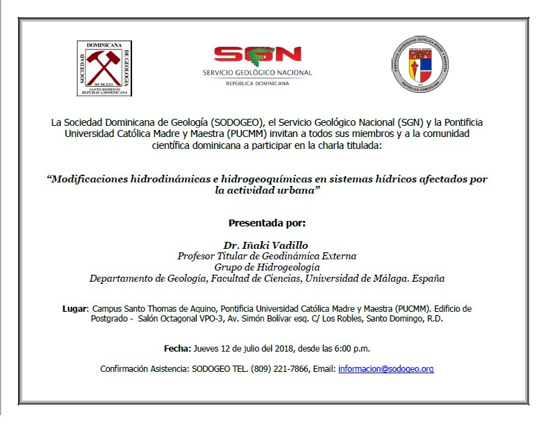 sgndominicano's tweet photo. Te invitamos a la charla: "Modificaciones hidrodinámicas e hidroquímicas en sistemas hpidricos afectados por la actividad urbana", presentado por el Dr. Iñaki Vadillo de la Universidad de Málaga ES. #Geología #PCMM #SodoGeo #SGNRD https://t.co/OV6PGZfxJK
