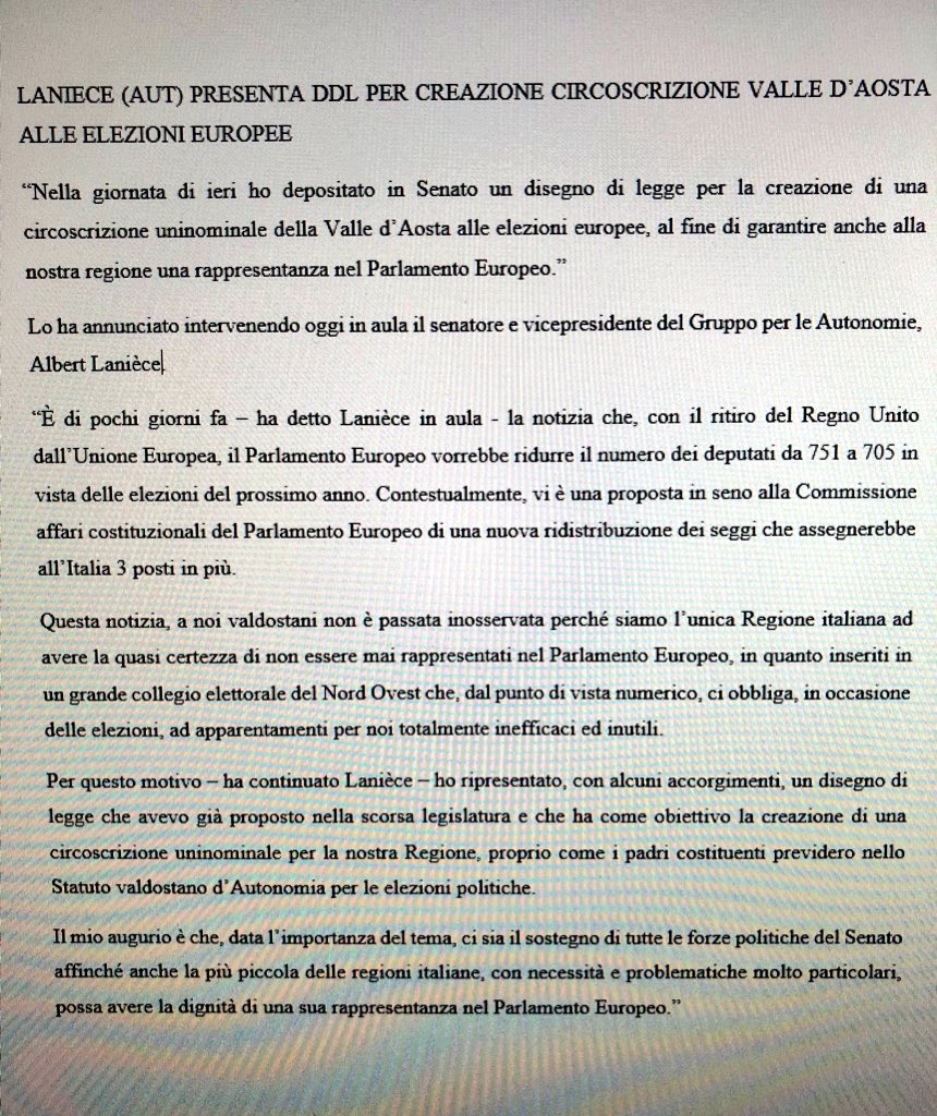 albertlaniece's tweet photo. Un seggio per la #ValledAosta al Parlamento UE, oggi un passo concreto: ho presentato un DDL in @SenatoStampa per la circoscrizione Valle d’Aosta in vista delle prossime elezioni 2019 ▶️Sulla mia pagina Facebook l’intervento odierno in seduta pubblica https://t.co/4fRjTRolcT https://t.co/E0sH8s6H5H
