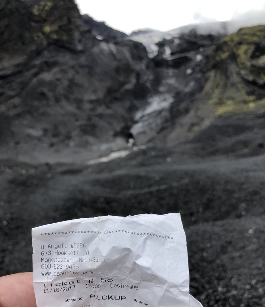 Hey <a href="/DAngelo/">D'Angelo Grilled Sandwiches</a> I don’t know for SURE but I’m fairly certain I just became the first person to take a photo of one of  your receipts in front of an Icelandic glacier