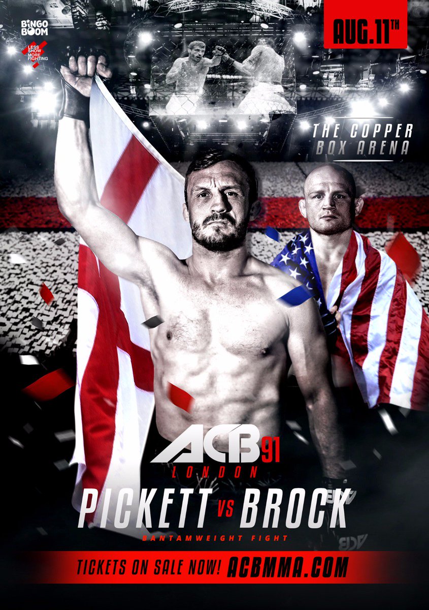 ACA_League's tweet photo. PICKETT RETURNS! 👊🏼 #ACBLondon

🏴󠁧󠁢󠁥󠁮󠁧󠁿 @One_Punch vs. @JesseBrockMMA 🇺🇸 

4⃣0⃣ Pickett enters the cage for the fortieth time!

🥋 Brock has nine submission victories! 

🏴󠁧󠁢󠁥󠁮󠁧󠁿 #ACBLondon
📅 August 11th
🏟 Copper Box Arena

🎟 https://t.co/HSJBEKVwMR https://t.co/8iBX46RN8t