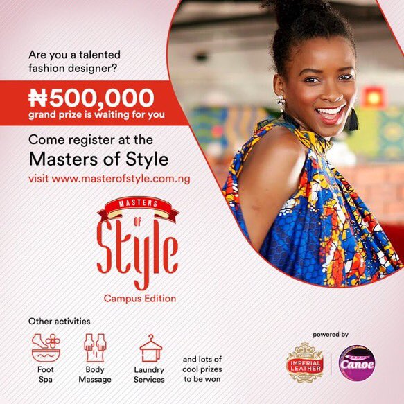 Marapolsa's tweet photo. The Masters of Style competition is still on going!
Who will win the grand prize of 500k, an internship with a top Nigerian fashion designer and lots of other cool stuff?
It could be you, just register here: https://t.co/sOFARAWXON #Masterofstyle https://t.co/XigFanSFYh