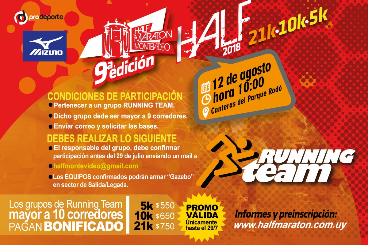 halfmontevideo's tweet photo. Sí, llegó una promo imperdible para todos los Running Team.
Lean bien las instrucciones, contáctense y accedan a importantes beneficios.
Este 12 de agosto corremos todos. Te esperamos. #Half2018 https://t.co/f4TkgM0kDy