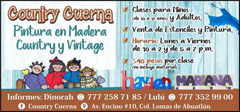 COUNTRY CUERNA en Lomas deAhuatlán
#FelizMiércoles #Verano2018 #AprendeCosasNuevas #Clases #PinturaEnMadera #Country #Vintage #RegalosdeMadera #Cuernavaca #Morelos