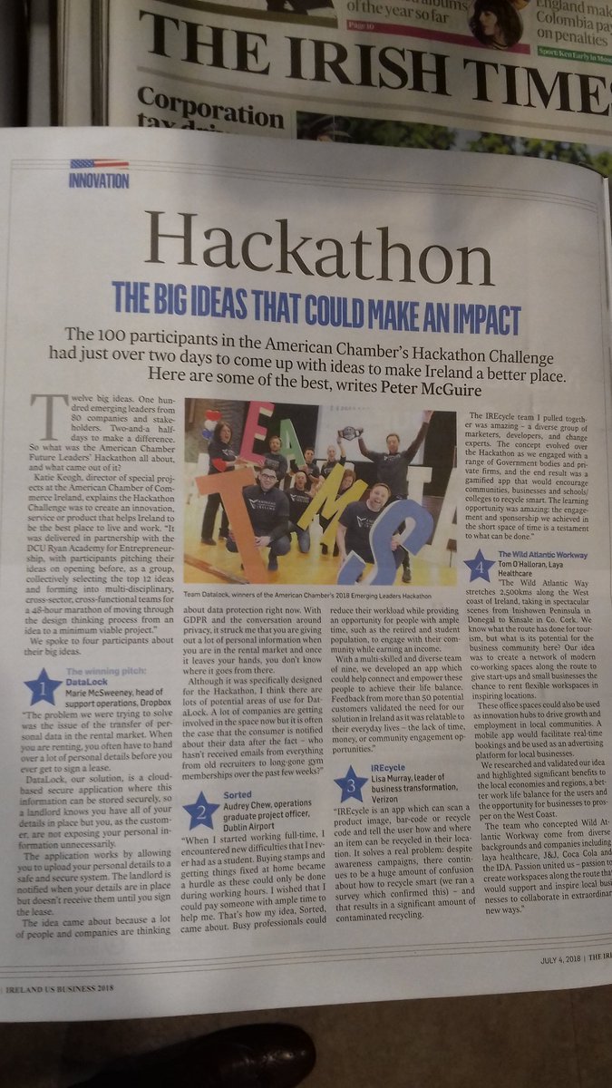 TomOHalloran10's tweet photo. Delighted that my Hackathon idea "The Wild Atlantic Work Way" was highlighted in today's American Chamber of Commerce 4th of July supplement in The Irish Times!
The #AmChamHack Hackathon was an amazing experience with a wonderful team! @AmericanChamber https://t.co/l3gNYp8egw
